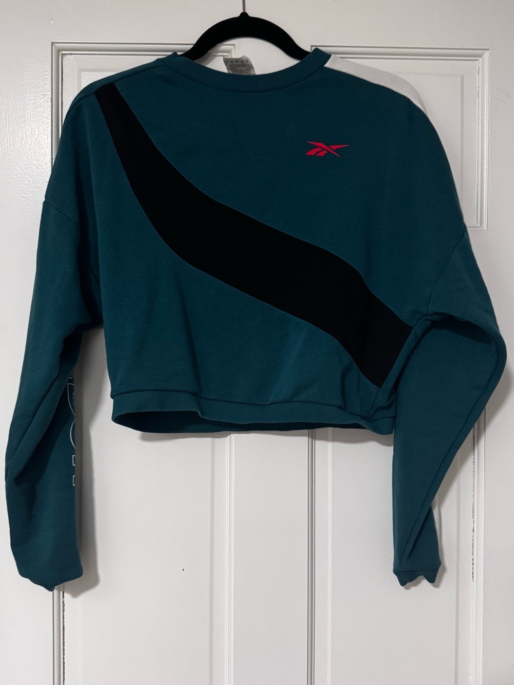 Reebok Teal Cropped Crewneck with Black Swoop and Red Logo